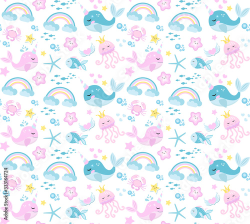 Little whale unicorn, seamless pattern, modern cartoon style. Vector illustration.