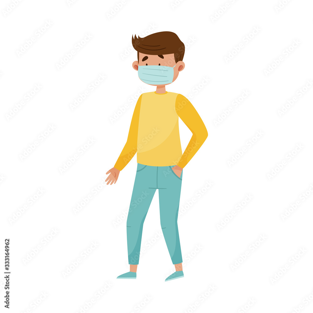 Man in Protective Mask Walking Along the Street Vector Illustration