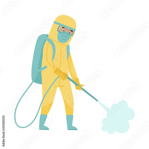 Man in Protective Suit and Mask Standing with Decontamination Equipment Disinfecting City Street Vector Illustration