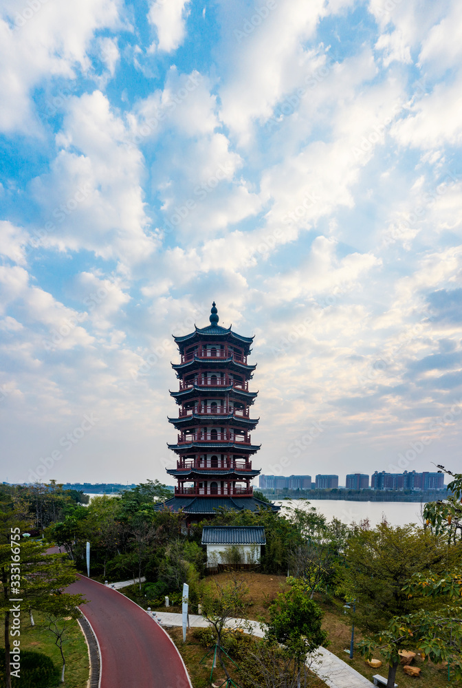 Aerial photo of Huayang tower, Huayang Lake Wetland Park, Dongguan, China