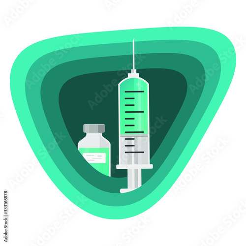 Syringe, injection,vial sign in papercut style. Vaccine, medical, epidemic disease concept, isolated vector illustration