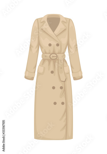 Flat vector women's classic trench coat. Women's clothing.