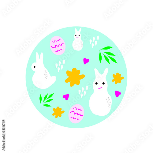 Easter concept illustration in doodle style in vector.Easter greeting card with bunny and eggs