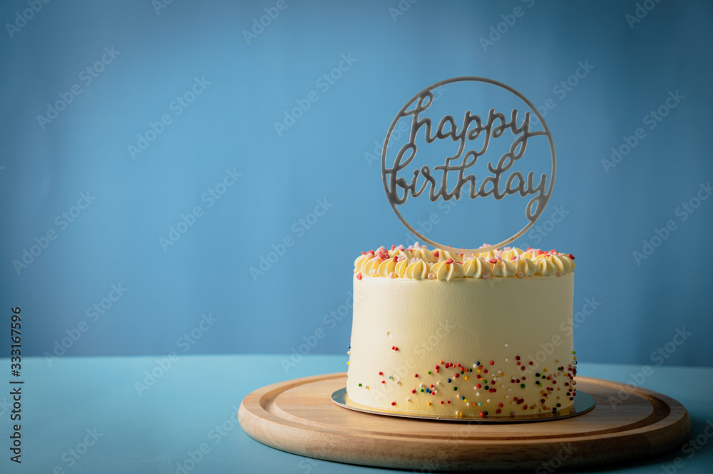 Happy birthday banner with cake design on blue Vector Image