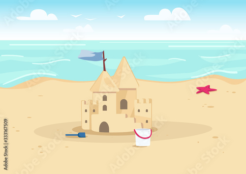 Sandcastle on beach flat color vector illustration. Summer vacation entertainment for kids. Sand castle and children toys on seacoast 2D cartoon landscape with water on background