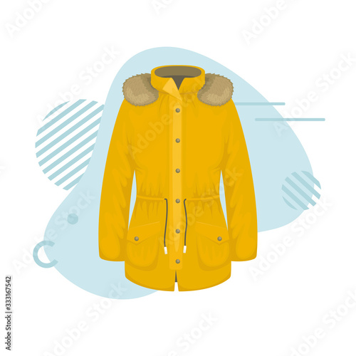 Flat vector women's parka with a fringe on the hood. Women's clothing.