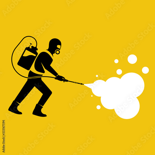 Black silhouette man in hazmat. Protective suit, gas mask and gas cylinder for disinfection coronavirus. Toxic and chemicals protection. Spraying pesticides. Biological precaution. Vector flat design.