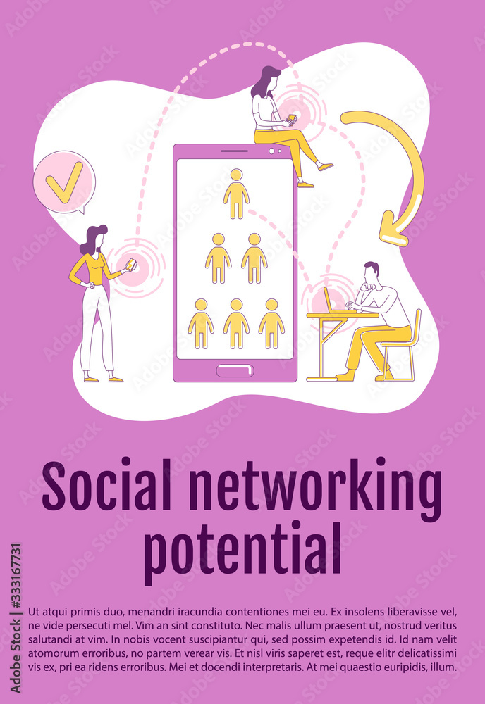 Social networking potential poster flat silhouette vector template. SMM brochure, booklet one page concept design with cartoon characters. Viral inbound marketing flyer, leaflet with text space Social networking potential poster flat silhouette vector template. SMM brochure, booklet one page concept design with cartoon characters. Viral inbound marketing flyer, leaflet with text space
