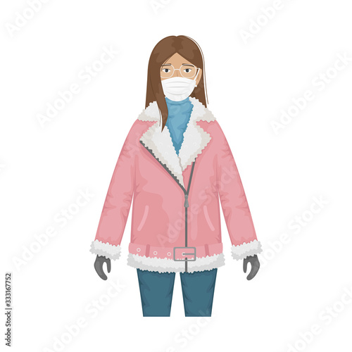 Flat vector illustration of a fashionable girl in a pink biker sheepskin coat and protective masks against viruses. Prevention of the coronavirus epidemic.