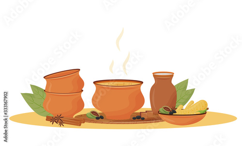 Hot Masala tea in bowl cartoon vector illustration. Traditional Indian drink, aromatic spicy mixture flat color object. Restaurant beverage, served Chaiwala isolated on white background
