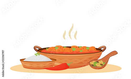 Hot butter chicken cartoon vector illustration. Traditional Indian food, meat in spiced tomato sauce flat color object. Restaurant meal, served makhani chicken isolated on white background