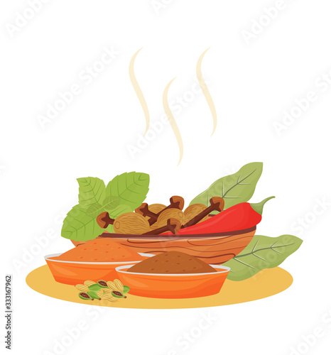 Indian beverage condiments cartoon vector illustration. Tea additives in wooden bowls flat color object. Traditional drink flavourings and aromatic ingredients isolated on white background