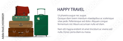 Banner with retro colored suitcases and trolley suitcase and travel bag , luggage bags for traveling, travel and tourism concept , vector illustration