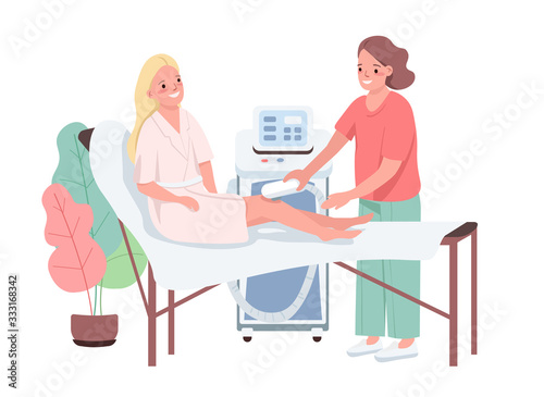 Laser hair removal flat color vector characters. Depilation with spa center apparatus. Leg epilation by professional beautician. Beauty salon procedure isolated cartoon illustration