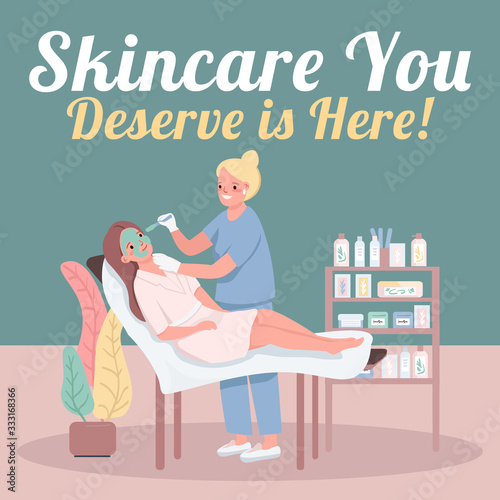 Cosmetology social media post mockup. Skincare you deserve is here phrase. Web banner design template. Spa center booster, content layout with inscription. Poster, print ads and flat illustration