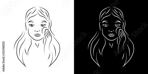 Woman removing make up contour portrait vector illustration. Girl face with smiling expression realistic line art. Lady with cotton pad outline character on black and white backgrounds