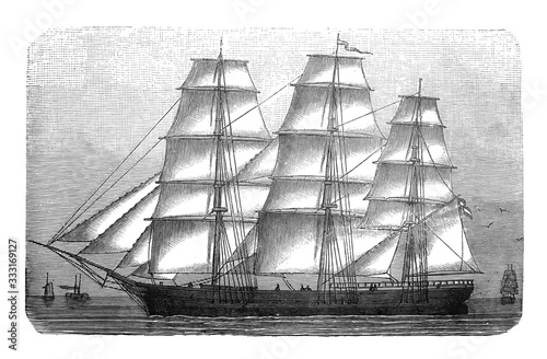 Tela Old sailing ship / Old Antique illustration from Brockhaus Konversations-Lexikon