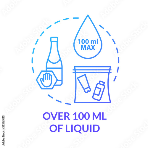 Over 100 ml of liquid concept icon. Airplane passenger hand luggage limit idea thin line illustration. Airport baggage control. Vector isolated outline RGB color drawing