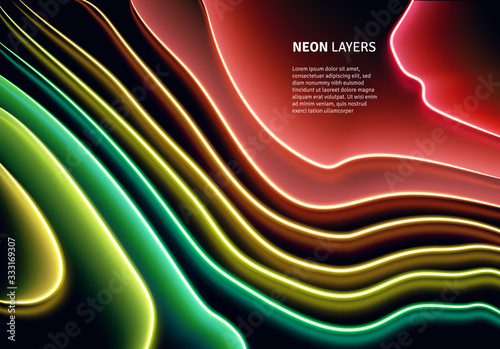 Neon glass layers stacked with reflections for 80s or 90s styled abstract background in synthwave, retrowave or cyberpunk shiny neon style
