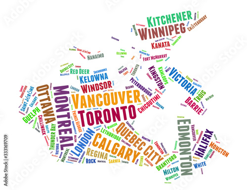 Canada map and list of cities word cloud concept photo