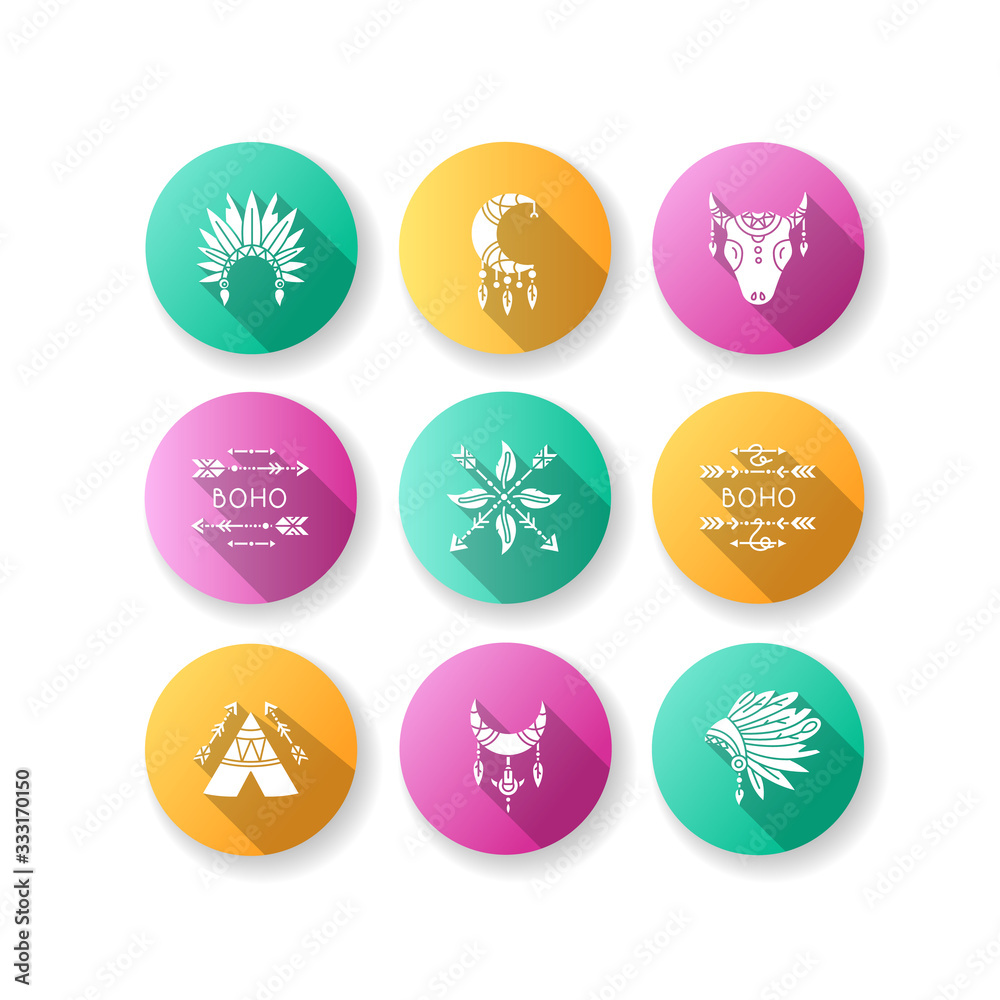 Fototapeta premium Native american accessories flat design long shadow glyph icons set. Tribe chief hat and teepee. Boho style dreamcatcher amulets. Moon, arrows and feathers charm. Silhouette RGB color illustration