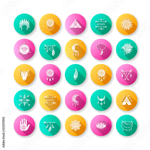 Boho style flat design long shadow glyph icons set. Native American Indian amulets. Dreamcatcher ethnic charms. Hippie and bohemian accessories. Vintage pendant. Silhouette RGB color illustration