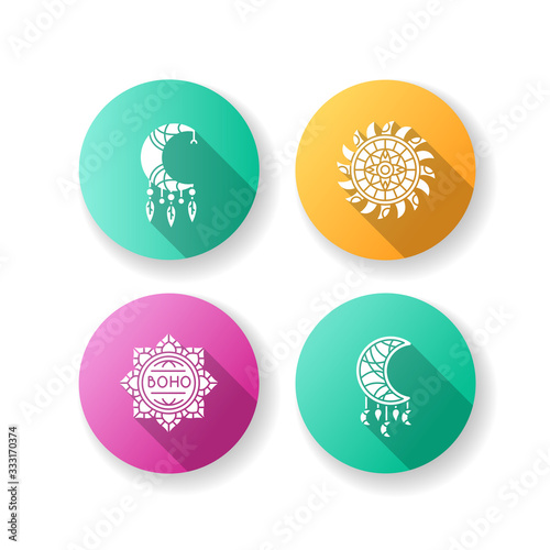 Boho style accessories flat design long shadow glyph icons set. Lotus flower, Indian mandala. Crescent moon shape amulets. Dreamcather handmade charm. Silhouette RGB color illustration