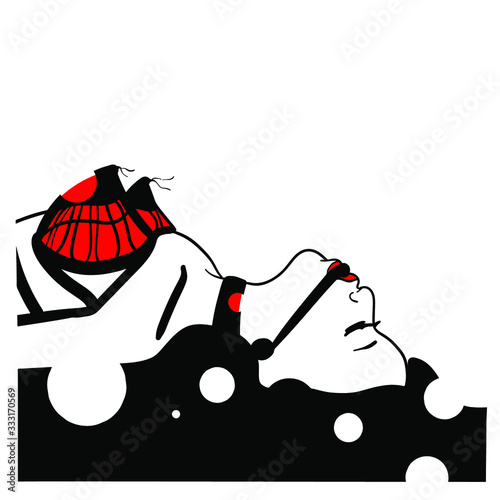 A woman with a gag is lying on a white background. Women's fetish underwear.