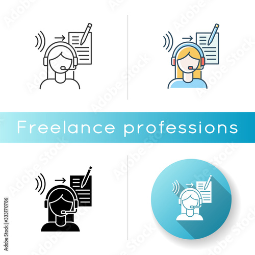 Transcription icon. Linguist, translator. Listening, translation, foreign language representation, audio records conversion into text. Linear black and RGB color styles. Isolated vector illustrations