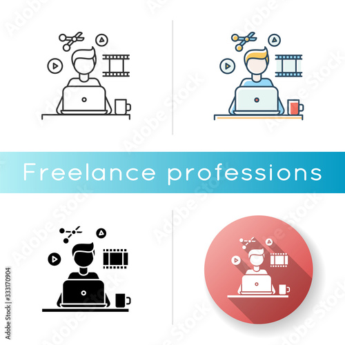 Video editor icon. Multimedia content creating, movie editing. Audio and video production, media files designing, records producing. Linear black and RGB color styles. Isolated vector illustrations