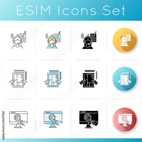 Distant jobs icons set. Freelance translator and interior designer. Web research, apartment designing, article writing. Linear, black and RGB color styles. Isolated vector illustrations