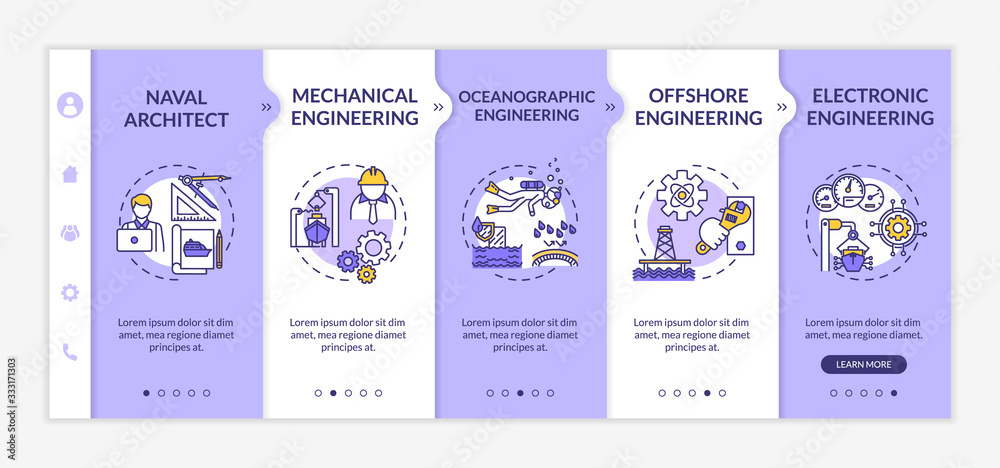 Marine engineering onboarding vector template. Offshore oil rig structure. Boat machinery repair. Responsive mobile website with icons. Webpage walkthrough step screens. RGB color concept