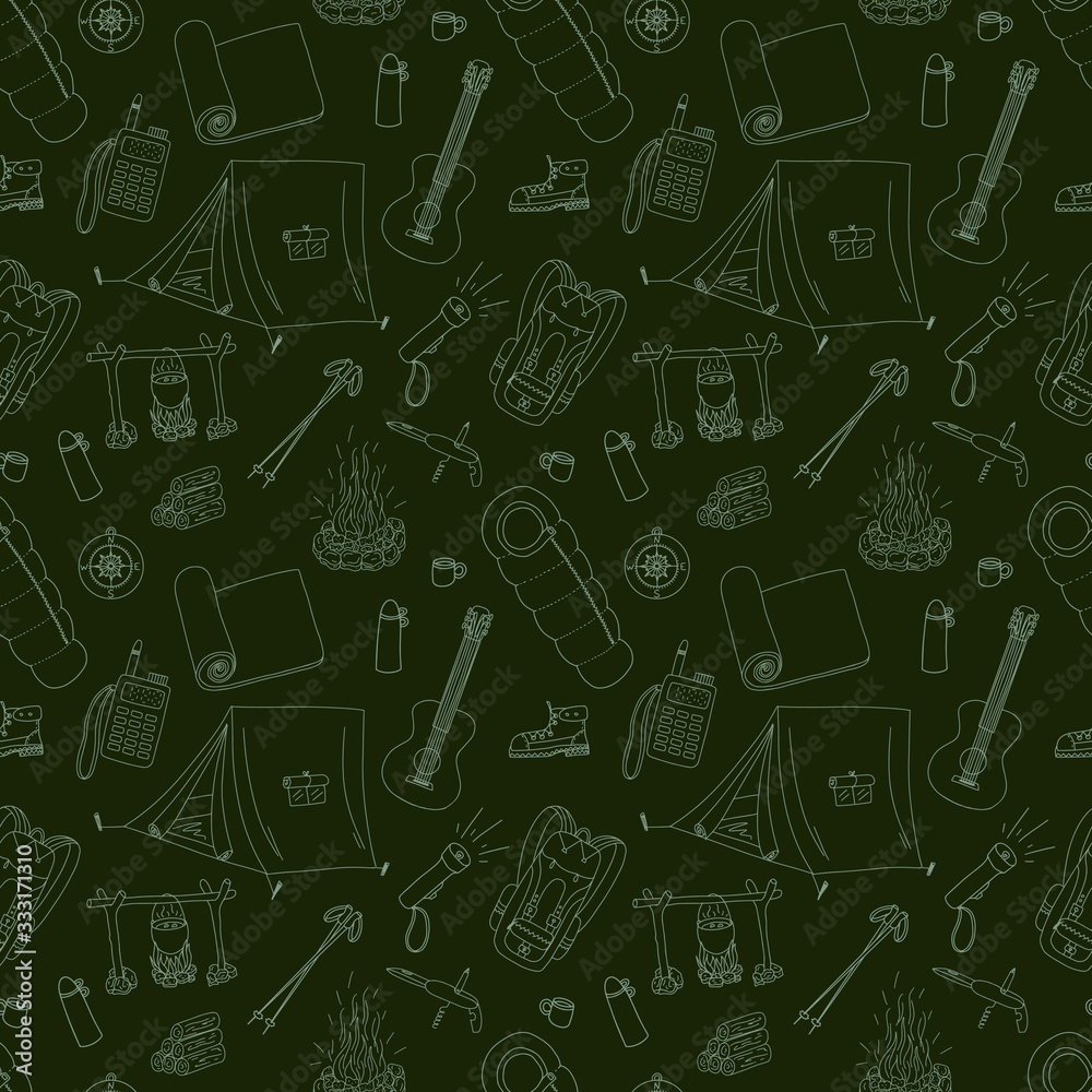 Seamless pattern with elements for camping, travel, rural holiday in doodle style.Elements are drawn by hand and isolated on a dark background. Color vector illustration. for textiles, wrapping paper Seamless pattern with elements for camping, travel, rural holiday in doodle style.Elements are drawn by hand and isolated on a dark background. Color vector illustration. for textiles, wrapping paper