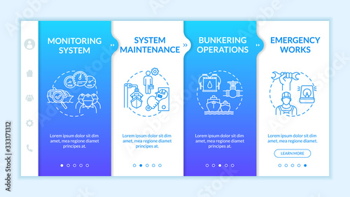 Marine engineering onboarding vector template. Ship system maintenance and operation. Refill fuel offshore. Responsive mobile website with icons. Webpage walkthrough step screens. RGB color concept