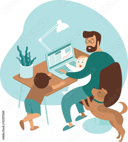 Busy father working from home with kids and dog