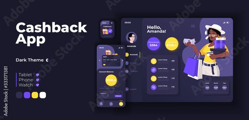 Cashback app screen vector adaptive design template. Online shopping, money return application night mode interface with flat character. Customer account smartphone, tablet, smart watch cartoon UI