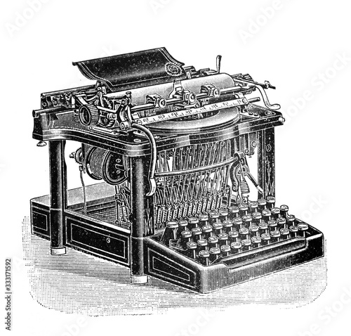 Antique typewriter / Old Antique illustration from Brockhaus Konversations-Lexikon 1908