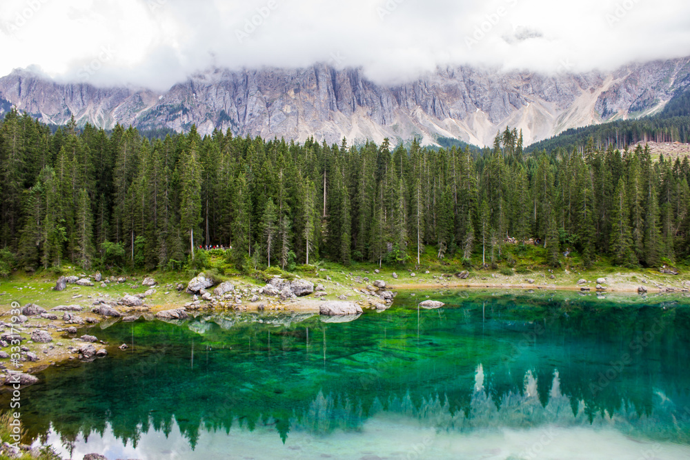 Lake Carezza with Latemar Mountain Range, South Tyrol