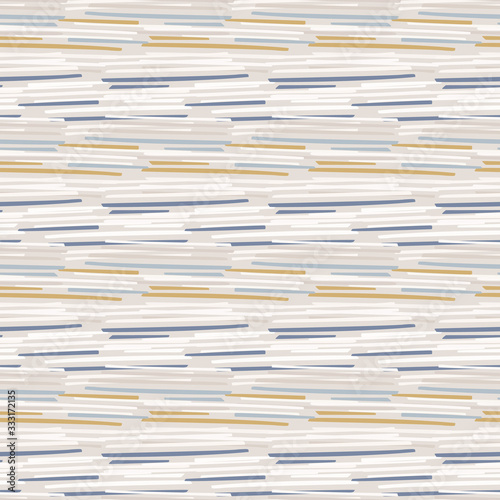 Seamless geometric broken stripe pattern. French blue linen shabby chic style. Irregular texture. Old yellow blue background. Interior wallpaper home decor swatch. Modern retro textile all over print