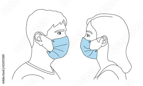Man and woman wearing face mask for virus protection and personal health, facing each other. Concept health care to avoid breathing in the toxic gasses, air  pollution, smoke. Vector illustration in o