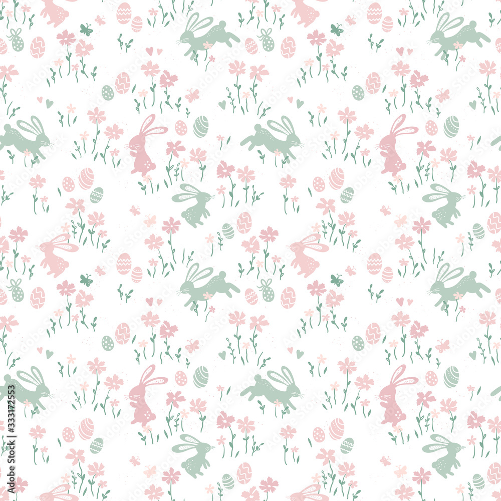 Naklejka Cute hand drawn Easter seamless pattern with bunnies, Easter eggs and flowers. Great for Easter Cards, banner, wallpaper, textiles, wrapping- vector design