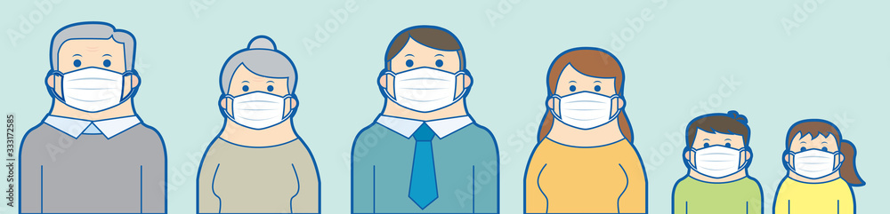 Fototapeta premium Vector illustration of masked family：マスクする家族のイラスト