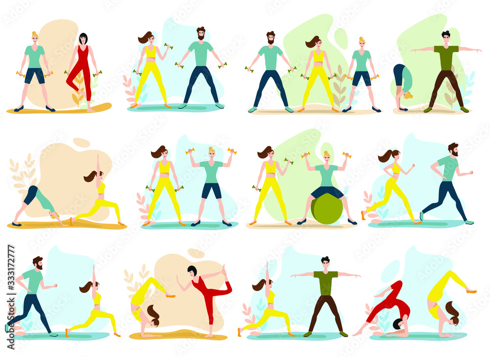 set with sports people. Flat vector illustration of boys and girls training in sports uniform and with sports equipment on abstract background.