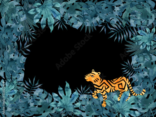 Horizontal rectangular dark frame template with watercolor tropical leaves and a tiger. Exotic hand painted illustration on black background.