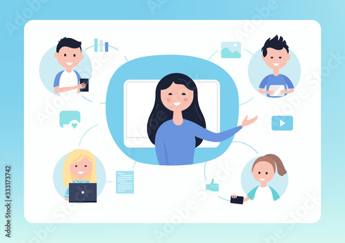 Online Distance School. Teacher and Students. Blended and Flipped Learning Education Concept Vector Illustration