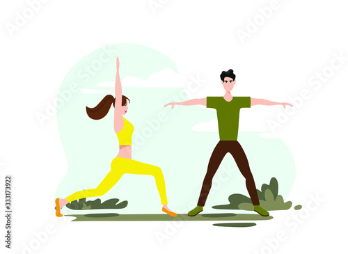 set with sports people. Flat vector illustration of boys and girls training in sports uniform and with sports equipment on abstract background.
