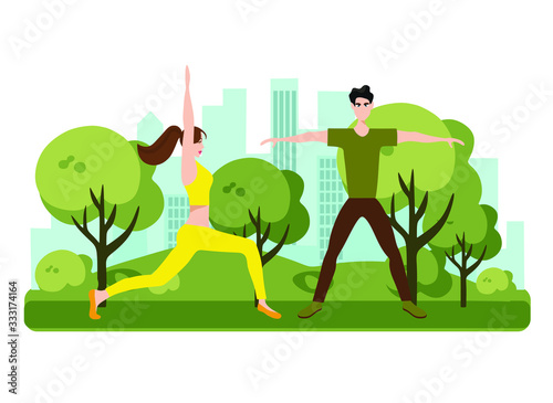 couple playing sports in park, flat vector illustration of man and woman doing exercises