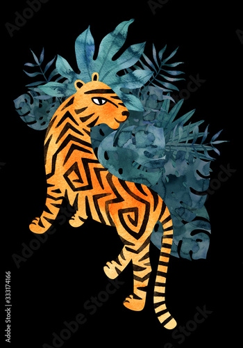 Watercolor jungle tiger on dark background. Hand painted exotic animal illustration.