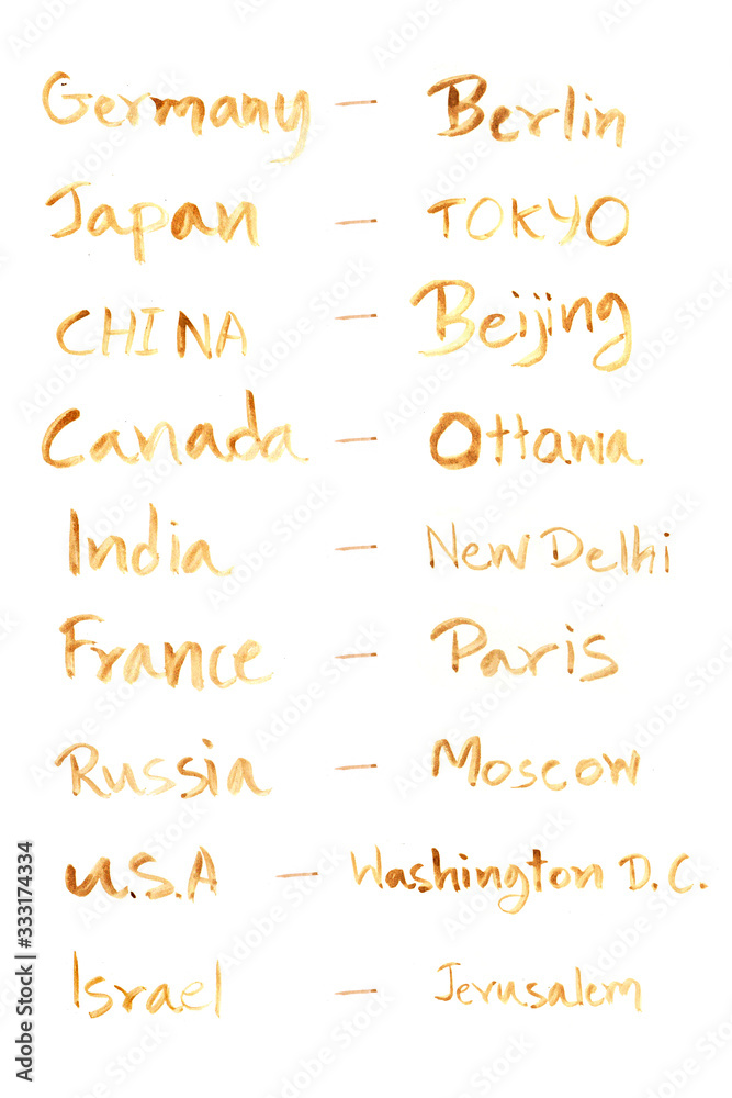 Countries and capitals of Germany, USA, Japan, Canada, China, Russia and Israel. Hand drawn brush lettering by coffee stains. Countries and capitals of Germany, USA, Japan, Canada, China, Russia and Israel. Hand drawn brush lettering by coffee stains.