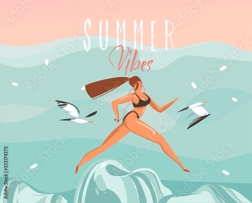 Hand drawn vector stock abstract graphic illustration with a running girl on the beach landscape and Summer vibes typography text isolated on blue background